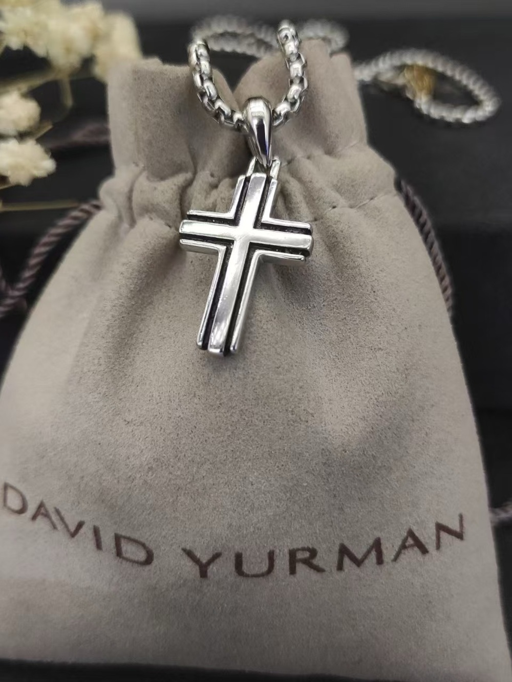 David Yurman Two-Tone Cross Pendant Necklace with Gold Accent Charm